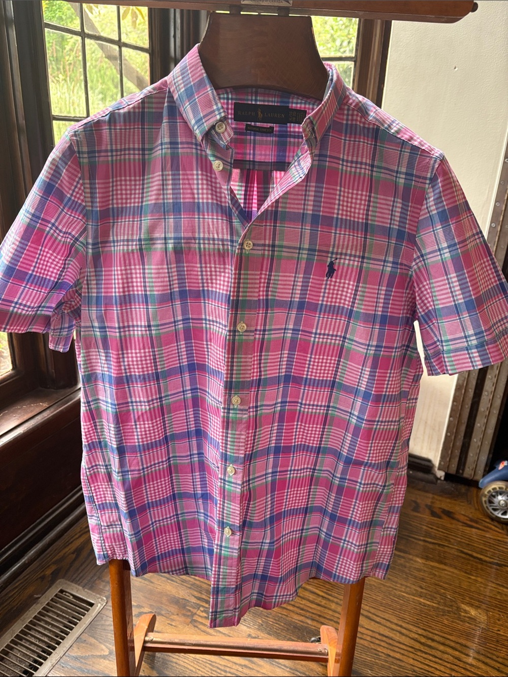 Ralph Lauren Pink Plaid Short-Sleeve Button-Down Shirt with Blue & Green Accents
